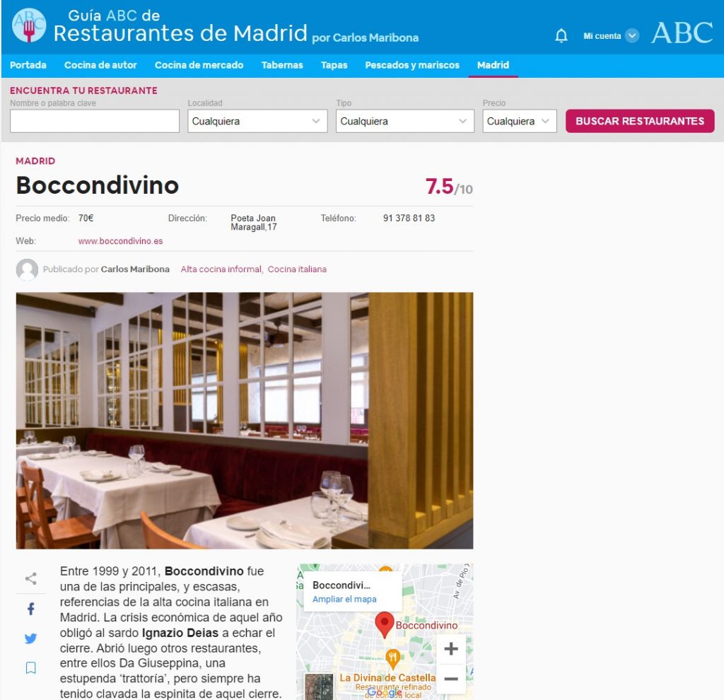 Carlos Maribona escribe sobre Boccondivino en ABC