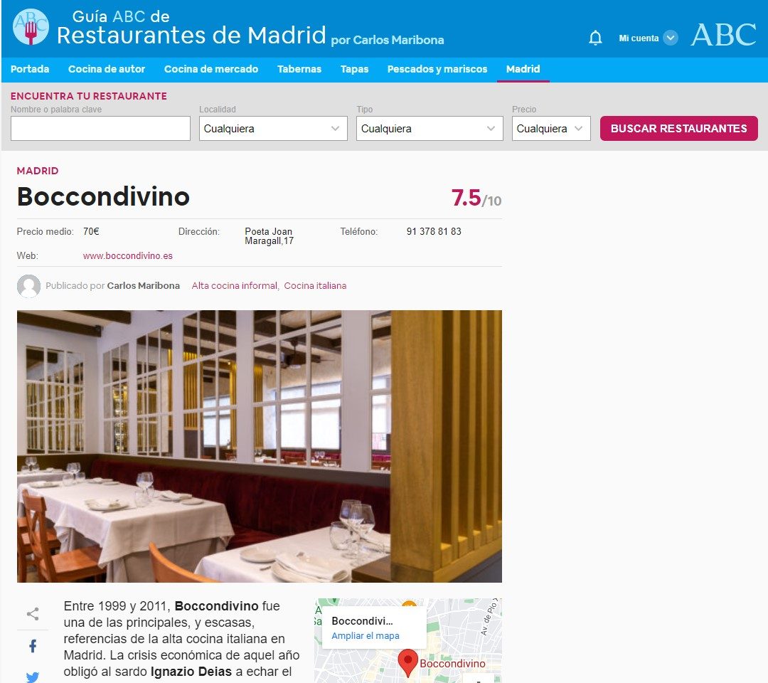 Carlos Maribona escribe sobre Boccondivino en ABC
